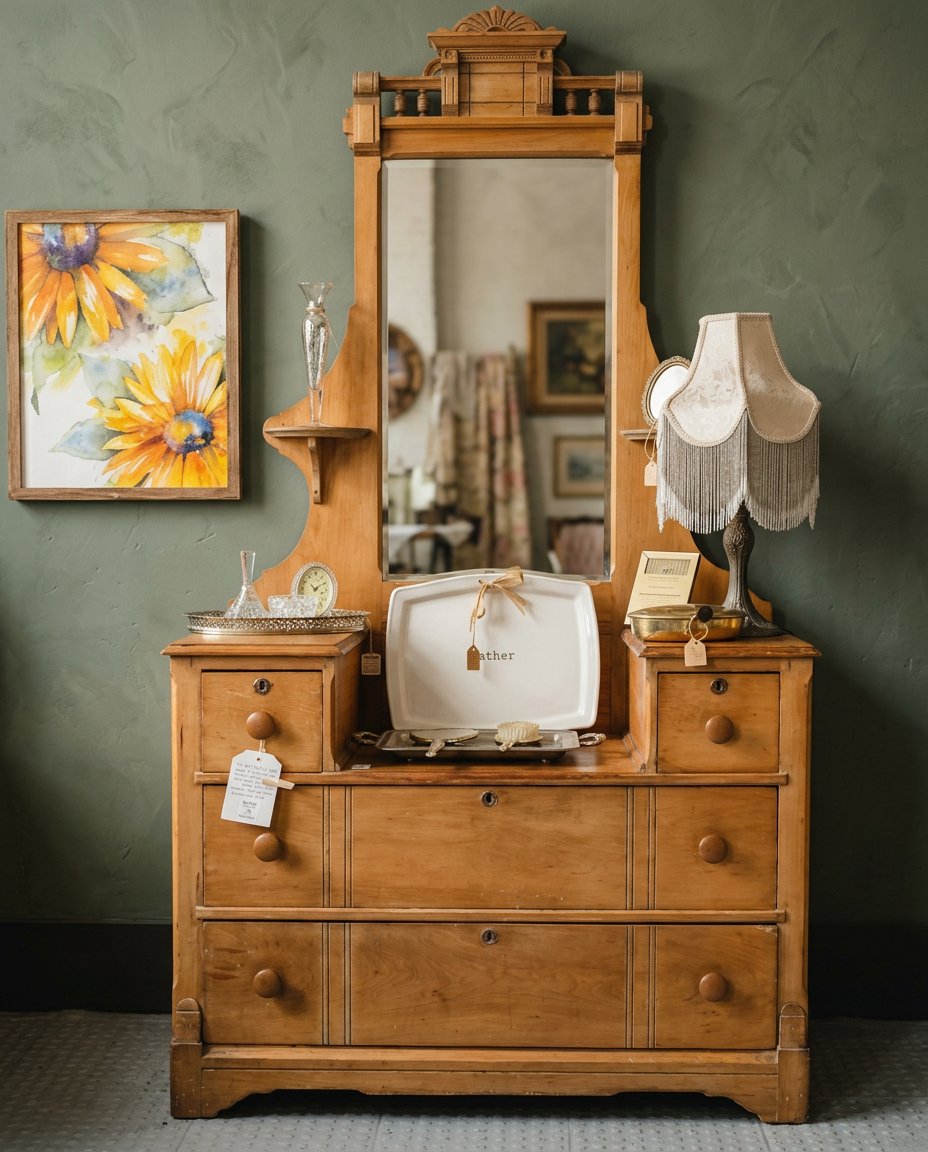 An antique pine dresser with a mirror, fringed lamp, and framed floral watercolor styled inside The Nest.