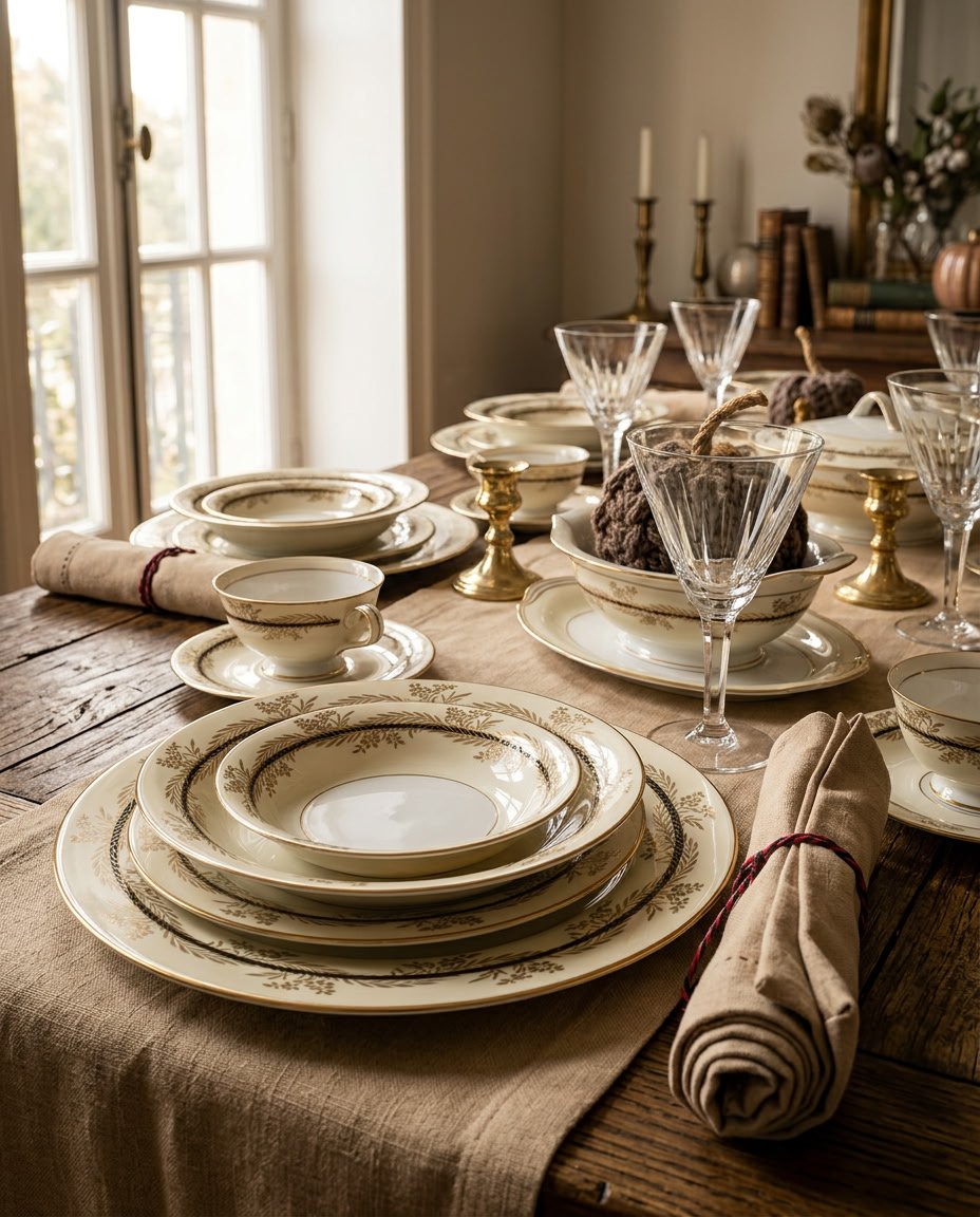 A vintage china table setting with gold-rimmed plates, crystal glassware, and linen napkins on a rustic wooden table.