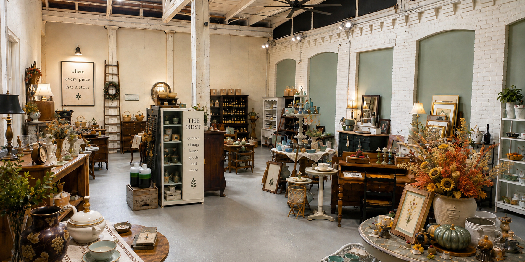 The interior of The Nest arranged in room-inspired displays of vintage furniture, ceramics, art, and home goods.