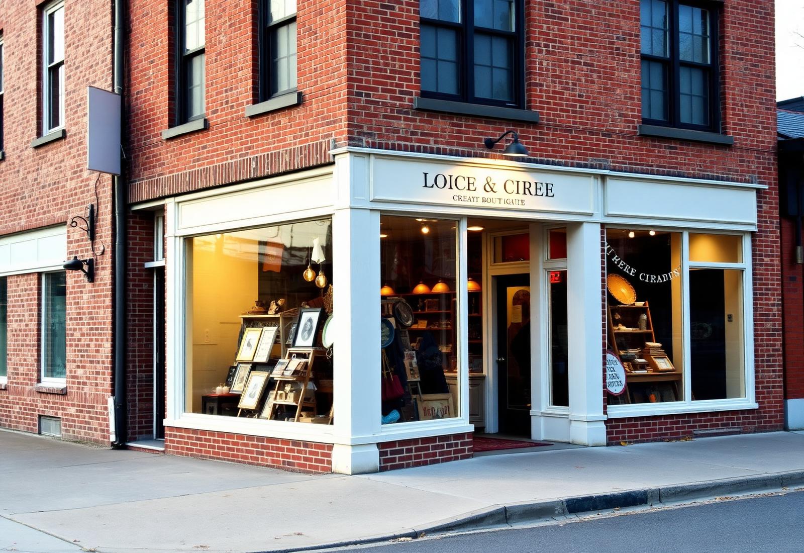 Exterior of the brick Market Street Creatives building on a small-town street with tall windows.